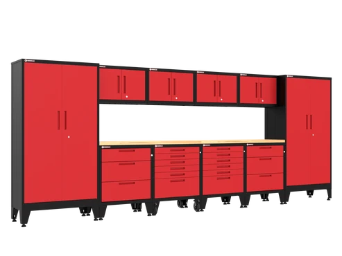 Armadillo Tough 12-piece red garage cabinet set with levelers