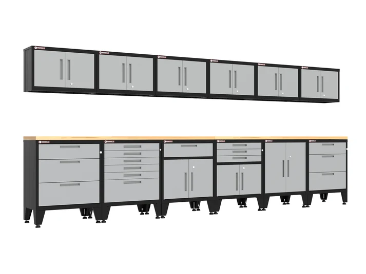 Armadillo Tough 14-piece gray garage cabinet set with levelers